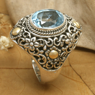 Gold accented blue topaz cocktail ring, 'Floral Mystique' - Gold Accent Blue Topaz Floral Cocktail Ring from Bali