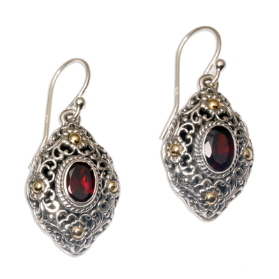 Gold accent garnet dangle earrings, 'Floral Dew' - Gold Accent Garnet Floral Dangle Earrings from Bali