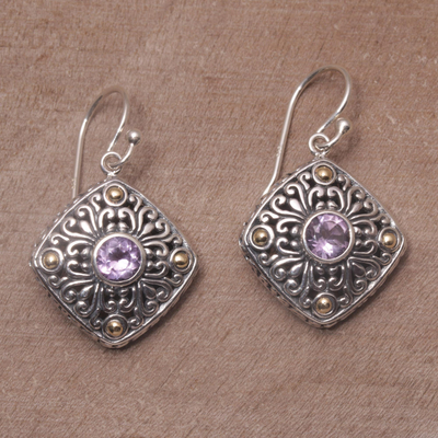 Gold accented amethyst dangle earrings, 'Swirling Facade' - Gold Accent Amethyst Swirl Motif Dangle Earrings from Bali