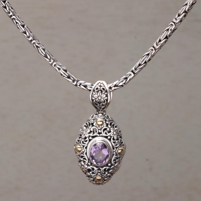 Gold accented amethyst pendant necklace, 'Floral Dew' - Gold Accented Blue Amethyst Floral Dangle Earrings from Bali