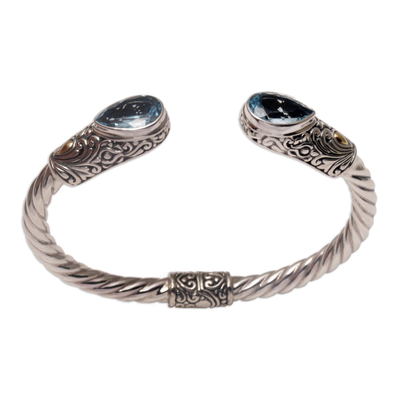 Gold accent blue topaz cuff bracelet, 'Queenly Vines' - 18k Gold Accent Blue Topaz Cuff Bracelet from Bali