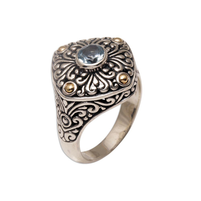 Gold-accented blue topaz cocktail ring, 'Swirling Facade' - Gold-accented Blue Topaz Swirl Motif Cocktail Ring from Bali