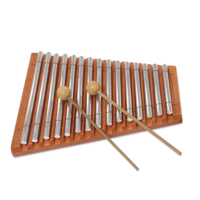 Teak wood and stainless steel xylophone, 'Chiming Joy' - Balinese Handmade Teak Wood and Stainless Steel Xylophone