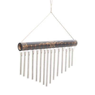 Bamboo and aluminum wind chimes, 'Melodic Blossom' - Bamboo and Aluminum Floral Wind Chimes from Bali