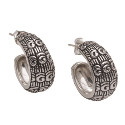 Sterling silver half-hoop earrings, 'Samsi Shrine' - Samsi Motif Sterling Silver Half-Hoop Earrings from Bali