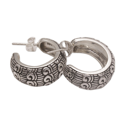 Sterling silver half-hoop earrings, 'Samsi Shrine' - Samsi Motif Sterling Silver Half-Hoop Earrings from Bali