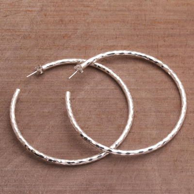 Sterling silver half-hoop earrings, 'Glimmering Memories' - Sterling Silver Hammered Motif Half-Hoop Earrings from Bali