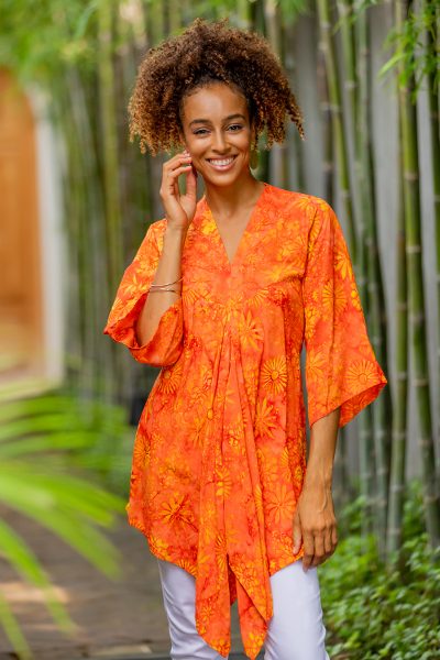 Rayon caftan, 'Daisy Cheer' - Handmade Orange Floral Batik Rayon Caftan from Indonesia