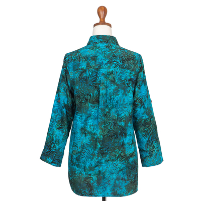 Batik rayon hi-low blouse, 'Java Emerald' - Rayon Batik Long Sleeve Teal Hi-Low Button Shirt
