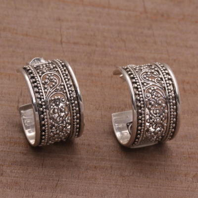 Sterling silver half-hoop earrings, 'Merajan Majesty' - Sterling Silver Openwork Half-Hoop Earrings from Bali