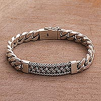 Men's sterling silver wristband bracelet, 'Braided Belt' - Sterling Silver Braided Wristband Bracelet from Bali