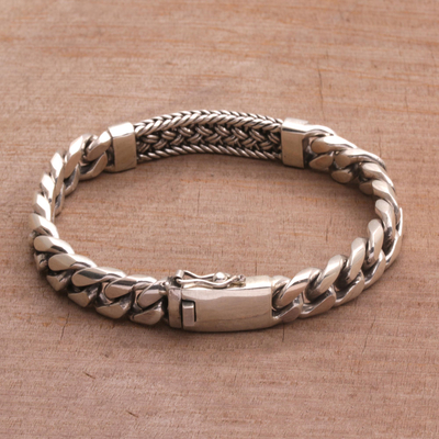 Men's sterling silver bracelet, 'Distinctive Style' - Sterling Silver Braided Wristband Bracelet from Bali