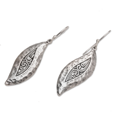 Sterling silver dangle earrings, 'Dewy Blades' - Hammered Sterling Silver Leaf Dangle Earrings from Bali