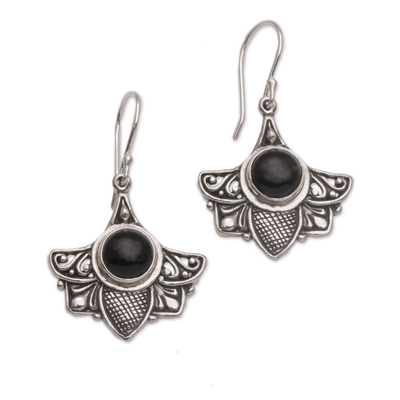 Onyx dangle earrings, 'Falcon's Eye' - Onyx and Sterling Silver Dangle Earrings from Bali