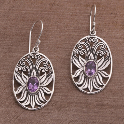 Amethyst dangle earrings, 'Daylight Lotus' - Balinese Amethyst and Sterling Silver Lotus Dangle Earrings