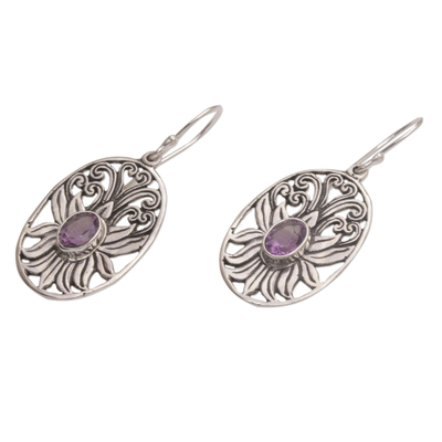 Amethyst dangle earrings, 'Daylight Lotus' - Balinese Amethyst and Sterling Silver Lotus Dangle Earrings