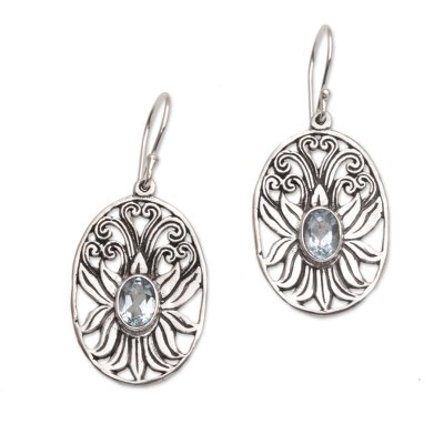 Blue topaz dangle earrings, 'Daylight Lotus' - Blue Topaz and Sterling Silver Lotus Dangle Earrings