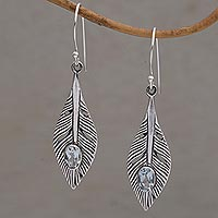 Blue topaz dangle earrings, 'Glittering Feathers' - Blue Topaz Feather Dangle Earrings from Bali