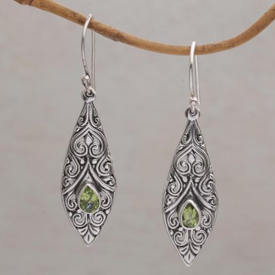 Peridot dangle earrings, 'Teardrop Spirals' - Spiral Motif Drop-Shaped Peridot Dangle Earrings from Bali