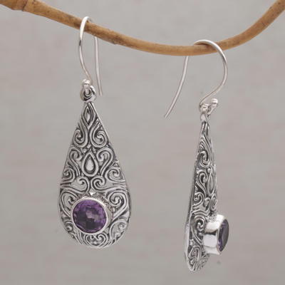 Amethyst dangle earrings, 'Temple Teardrops' - Spiral Motif Drop-Shaped Amethyst Dangle Earrings from Bali
