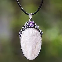 Amethyst pendant necklace, 'Crest of Ganesha' - Amethyst and Silver Ganesha Pendant Necklace from Bali