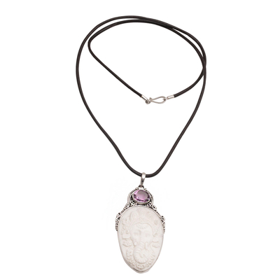 Amethyst pendant necklace, 'Crest of Ganesha' - Amethyst and Silver Ganesha Pendant Necklace from Bali