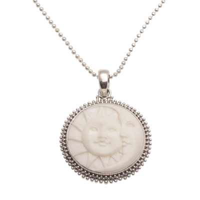 Sterling silver pendant necklace, 'Stellar Lovers' - Sterling Silver and Bone Sun and Moon Necklace from Bali