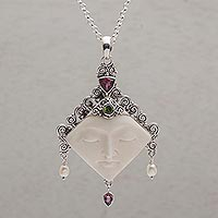 Multi-gemstone pendant necklace, 'Diamond Face'