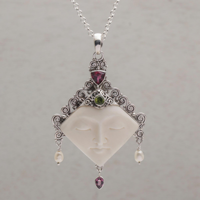Multi-gemstone pendant necklace, 'Diamond Face' - Multi-Gemstone Face-Shaped Pendant Necklace from Bali