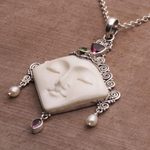 Multi-gemstone pendant necklace, 'Diamond Face' - Multi-Gemstone Face-Shaped Pendant Necklace from Bali