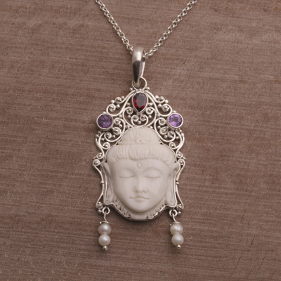 Multi-gemstone pendant necklace, Buddhas Earrings