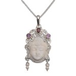 Multi-gemstone pendant necklace, 'Buddha's Earrings' - Multi-Gemstone Sterling Silver Buddha Necklace from Bali