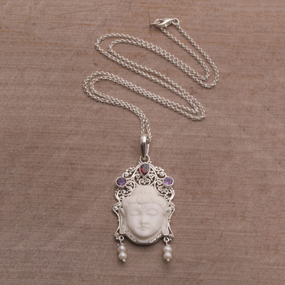Multi-gemstone pendant necklace, 'Buddha's Earrings' - Multi-Gemstone Sterling Silver Buddha Necklace from Bali