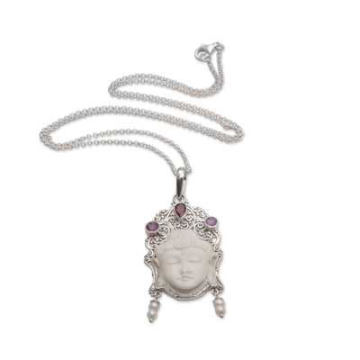 Multi-gemstone pendant necklace, 'Buddha's Earrings' - Multi-Gemstone Sterling Silver Buddha Necklace from Bali