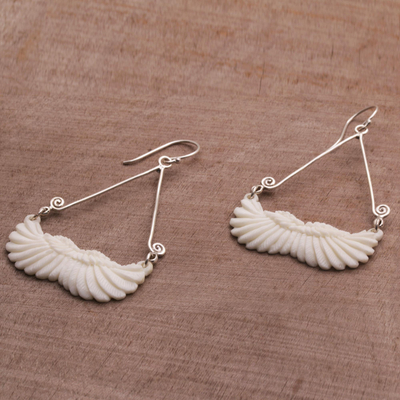 Bone dangle earrings, 'Fly Home' - Bone and Sterling Silver Wing Dangle Earrings from Bali