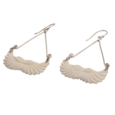 Bone dangle earrings, 'Fly Home' - Bone and Sterling Silver Wing Dangle Earrings from Bali