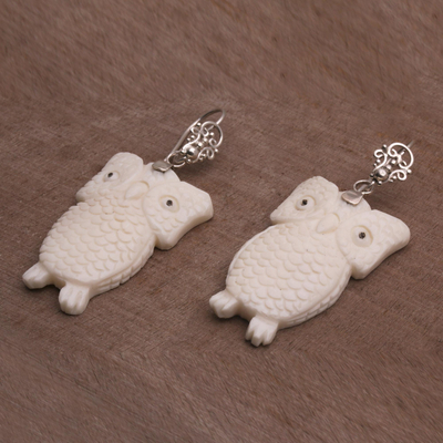 Bone dangle earrings, 'Watchful Owls' - Bone and Sterling Silver Owl Dangle Earrings from Bali