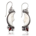 Garnet dangle earrings, 'Crescent Moons' - Garnet and Silver Crescent Moon Dangle Earrings from Bali