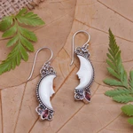 Garnet dangle earrings, 'Crescent Moons' - Garnet and Silver Crescent Moon Dangle Earrings from Bali