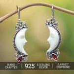 Garnet dangle earrings, 'Crescent Moons' - Garnet and Silver Crescent Moon Dangle Earrings from Bali