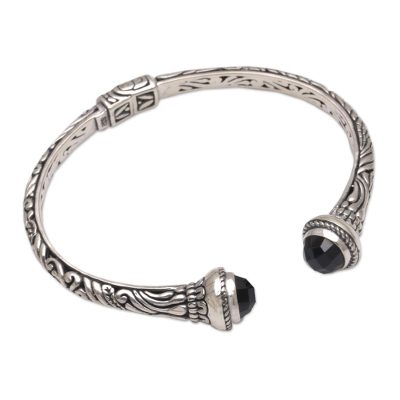 Onyx cuff bracelet, 'Onyx Memory' - Onyx and Sterling Silver Cuff Bracelet from Indonesia
