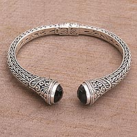 Onyx cuff bracelet, 'Onyx Shrine' - Onyx and Sterling Silver Cuff Bracelet from Indonesia