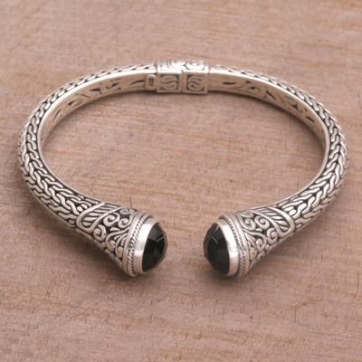 Onyx cuff bracelet, 'Onyx Shrine' - Onyx and Sterling Silver Cuff Bracelet from Indonesia
