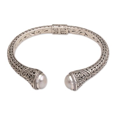 Cultured pearl cuff bracelet, 'Shrine' - Handcrafted Cultured Pearl and Sterling Silver Cuff Bracelet