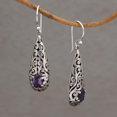 Amethyst dangle earrings, 'Dangling Vines' - Handcrafted Amethyst and Sterling Silver Dangle Earrings