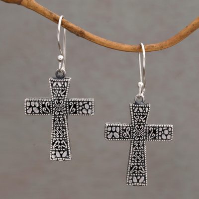 Sterling silver dangle earrings, 'Cross Pathways' - Handcrafted Sterling Silver Cross Dangle Earrings
