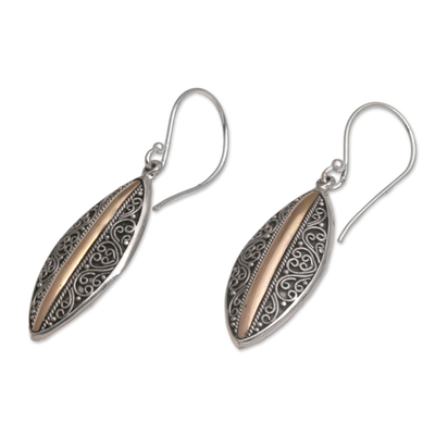 Sterling silver and gold accent dangle earrings, 'Luminous Shields' - Sterling Silver Dangle Earrings with 18k Gold Accents