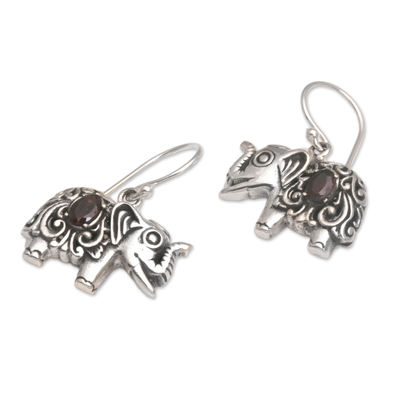 Garnet dangle earrings, 'Elephant Delight' - Garnet and Sterling Silver Elephant Dangle Earrings