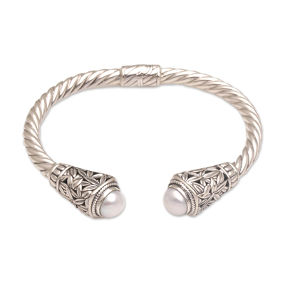 Cultured pearl cuff bracelet, 'Forest Gleam' - Cultured Pearl Leaf Motif Cuff Bracelet from Bali