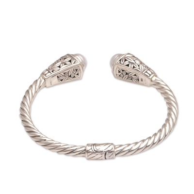 Cultured pearl cuff bracelet, 'Forest Gleam' - Cultured Pearl Leaf Motif Cuff Bracelet from Bali